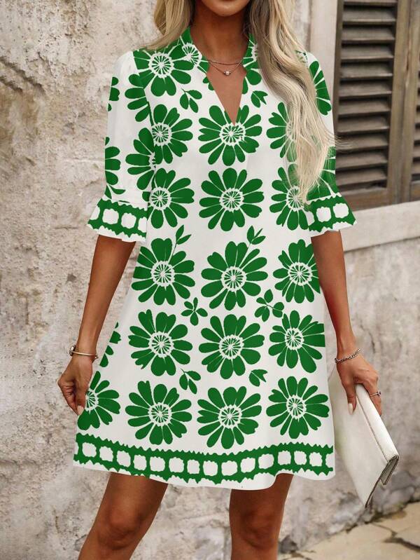 SHEIN Clasi Casual Floral Print V-Neck Midi Dress For Women, Suitable For Summer