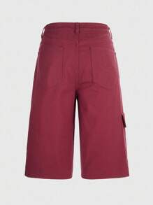 ROMWE MEN Street Life 男士休闲纯色斜口袋宽松牛仔短裤，夏季 - 酒紅色 - 查看 2