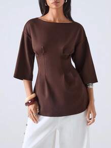 LYSMO 女士纯色圆领落肩袖收腰休闲T恤，夏季