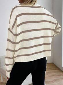 SHEIN Unity 女士条纹圆领落肩长袖休闲套头毛衣，秋冬针织套头衫 - 白色 - 查看 2