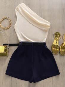 Airaco 女士纯色褶皱无袖上衣和褶皱短裤时尚两件套 - 杏色 - 查看 2