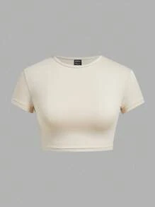 SHEIN BASICS 4 Stücke/Set lässige einfarbige gestrickte Kurzarm Crop Damen T-Shirts mit Rundhalsausschnitt