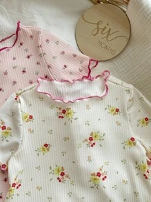 Baby Girl Ditsy Floral Ruffle Hem Round Neck Loose Knitted Nightgown 2 Pieces Set Print - Multicolor - View 5