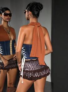 Jeanoix Áo yếm denim cổ yếm cài nút màu tương phản dành cho nữ - Màu xanh lam - Xem 2