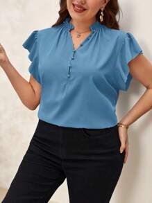 Chikora Plus Size Women's Solid Color Ruffle Trim V-Neck Casual Comfortable Blouse Women Plus Summer Dress Blouses For Women Plus Classy Tops For Women Office Tops For Women - Teal Blue - View 4