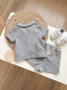 Baby Boy Casual Solid Color Knit Short Sleeve V-Neck Polo Shirt And Shorts Set - Light Grey - View 2
