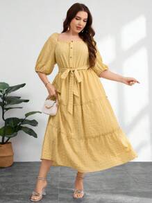 Modelyn Plus Size Women's Belted Square Neck Cake Skirt - Yellow - View 5
