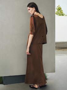 Uhlyne Women's Satin Silk Like Vacation/Office Wear Loose Fit Round Neck Back V-Neck 3/4 Sleeve Top And Mermaid Hem Skirt 2-Piece Set,Coffee Brown,Caramel,Easy Care,Autumn,Minimalist,Work Wear,Teacher Outfits,Back To School,Fall ,Neutral Clothes,Business Casual,Old Money Style Brown Two Piece Set Women Brown Satin Two Piece Set Brown Silk Two Piece Set Maillard Style Casual Outfits Spring - Coffee Brown - View 8