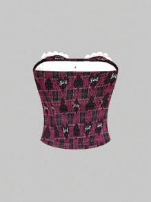 ROMWE J-Fashion Áo Bandeau họa tiết chữ kẻ caro trang trí nơ cho nữ - Hồng - Xem 2