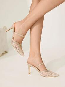 CUCCOO CHICEST Sandalias de tacón alto con punta puntiaguda y encaje de red para mujer, bombas beige sexy con tiras y sin espalda para fiestas/bodas
