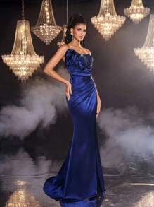 Glamrae Váy đuôi cá xẻ tà gợi cảm cổ thuyền xếp ly trang trí sang trọng, sang trọng, màu xanh navy, sequin thêu, chắp vá, satin co giãn, thủ công, đính vải - Xanh đậm - Xem 7