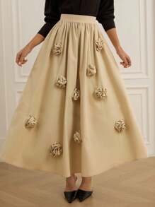 Aveloria 法式复古松紧腰3D花卉装饰A字中长裙 - 卡其色 - 查看 6