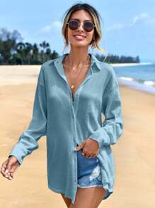 EURMUSE Women's Solid Color Drop Shoulder Long Sleeve Single-Breasted Casual Shirt - Blue - View 7