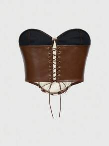 ROMWE Hippie 复古西部狂野女孩奶牛印花拼布 PU 女式衬衫 - 棕色 - 查看 4