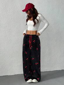 SHEIN EZwear Quần ống rộng buộc dây phía trước họa tiết quả anh đào đen cho nữ - màu đen - Xem 5