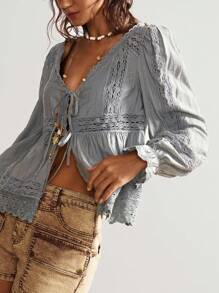 Bohemela 波西米亚风复古乡村风格休闲编织撞色蕾丝花边 V 领长袖女式衬衫 - 藍色 - 查看 6