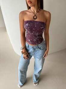 Aloruh 女士性感酒红色刺绣亮片露肩短款上衣，派对装 - 酒紅色 - 查看 4