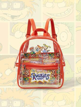 ROMWE X Rugrats 2 piezas Mochila de mujer con estampado de dibujos animados naranja de moda, elegante y portátil, de vuelta a la escuela