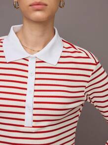 Activina 女式条纹长袖休闲运动 Polo 衫 - 紅白色 - 查看 6