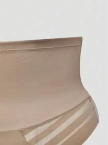 SHAPORA Plus Size Women's Minimalist Solid Color High Neck Patchwork Sheer Striped Shapewear Bottom - Khaki - View 6