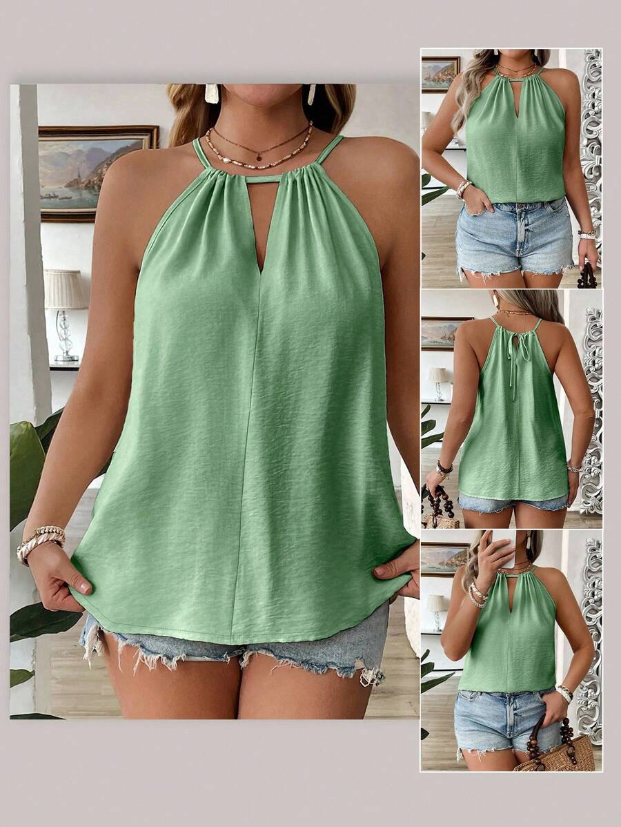 EMERY ROSE 加大码时尚杏色细肩带休闲宽松修身隐臀无袖吊带背心，优雅女式设计 - 綠色 - 查看 1