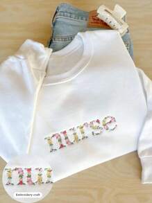 INAWLY Áo nỉ thêu hoa cho y tá, Quà tặng tốt nghiệp, Áo sơ mi y tá tự hào, Áo sơ mi trường điều dưỡng, Quà tặng y tá mới, Áo hoodie thêu cổ tròn cho nữ mùa thu - trắng - Xem 3