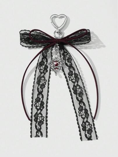 Kawaii 1 pièce Ruban en velours rétro Y2K style gothique double face, nœud en dentelle noire, porte-clés avec papillon en cristal acrylique et cœur liquide, convient pour les femmes, port quotidien ou cadeau