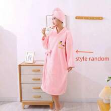 SHEIN Phụ nữ mặc áo choàng tắm có thể mặc váy tắm dài tay ren chéo bằng vải san hô dày kèm khăn tắm, phù hợp cho phòng tắm/phòng ngủ/phòng khách - Nhiều màu - Xem 6