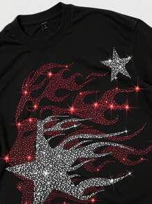 ROMWE MEN Street Life Camiseta de manga corta de verano para hombre con estrella de cinco puntas y adornos de strass, de uso casual en la calle