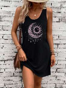 Henna Tattoo Glitter Leopard Print Moon & Star Pattern Casual Minimalist Tank Dress, Suitable For Summer Suitable For Going Out Chic Dress - Black - View 3