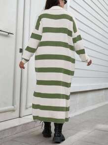 EURMUSE Plus Size Two-Tone Striped Pattern Drop Shoulder Loose Half Zip Up Oversized Sweater Dress - Mint Green - View 3