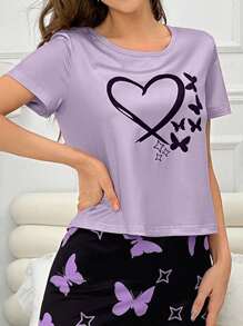 SHEIN 1pc Women Butterfly & Heart Print Short Sleeve Sleepwear Top - Purple - View 3