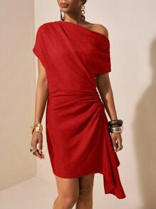 Zivah 2025夏季新款音乐节复活节母亲节婚礼季参加婚礼出席生日派对日常出游基础百搭休闲度假邮轮旅行沙滩海边日光浴网红爆款街头风优雅通勤露肩修身聚拢不对称下摆卡其色小礼服女装 - 紅色 - 查看 4