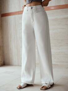 MOTF PREMIUM Pantalones vaqueros rectos con bolsillos parche y puntadas contrastantes, estilo casual - Blanco - Ver 5