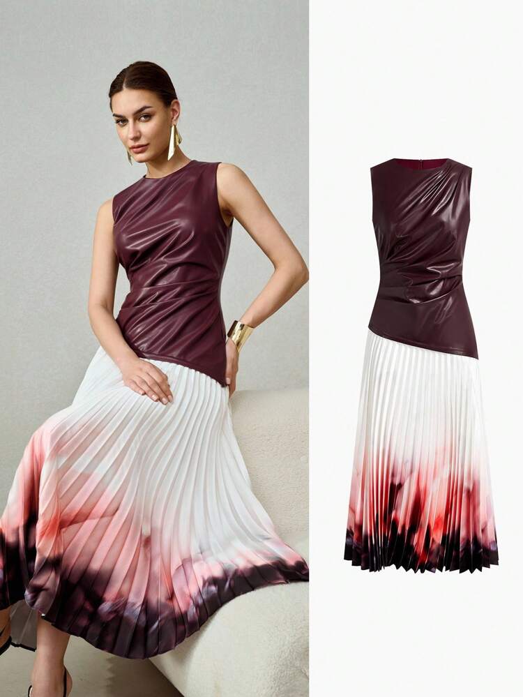 PU LEATHER BODICE OMBRE PRINT PLEATED HEM DRESS