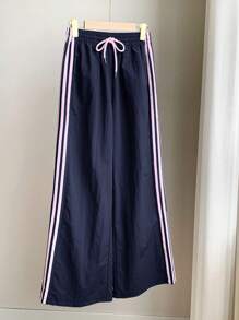 Comfortcana 女款海军蓝侧条纹松紧腰宽松休闲运动裤 - 藏蓝色 - 查看 4