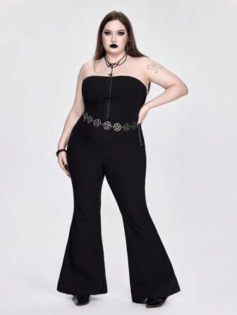 Goth Plus Size Women Gothic Bodysuit With Waist Cincher Design, Suitable For Nightclub Or Concert