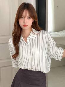 DAZY Vertical Stripe Batwing Sleeve Shirt - White - View 8
