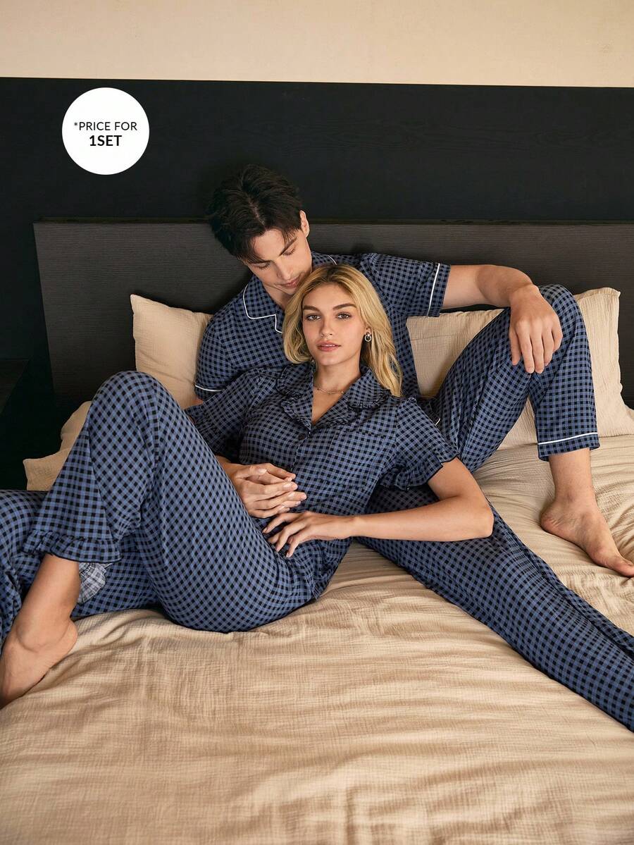 CoupledUp Basics Style Multicolor Plaid Pajama Set With Hollow Out Lapel Design For Couples  Cozy And Elegant Details - Multicolor - View 1