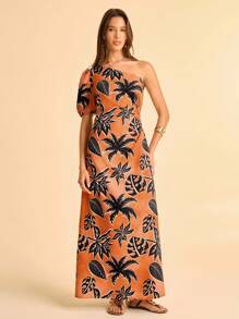 CAJUNI 女士棕榈树印花无袖泡泡袖长裙，度假风