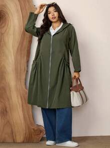 Zelara Plus Size Fashion Solid Green Hooded Pocket Design Mid-Length Jacket For Fall With Pockets Trench Women Coat Winter Clothes Autumn