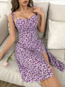 Breezaya 细肩带褶饰高开叉雏菊花卉印花连衣裙 女式度假沙滩装 - 紫色 - 查看 4