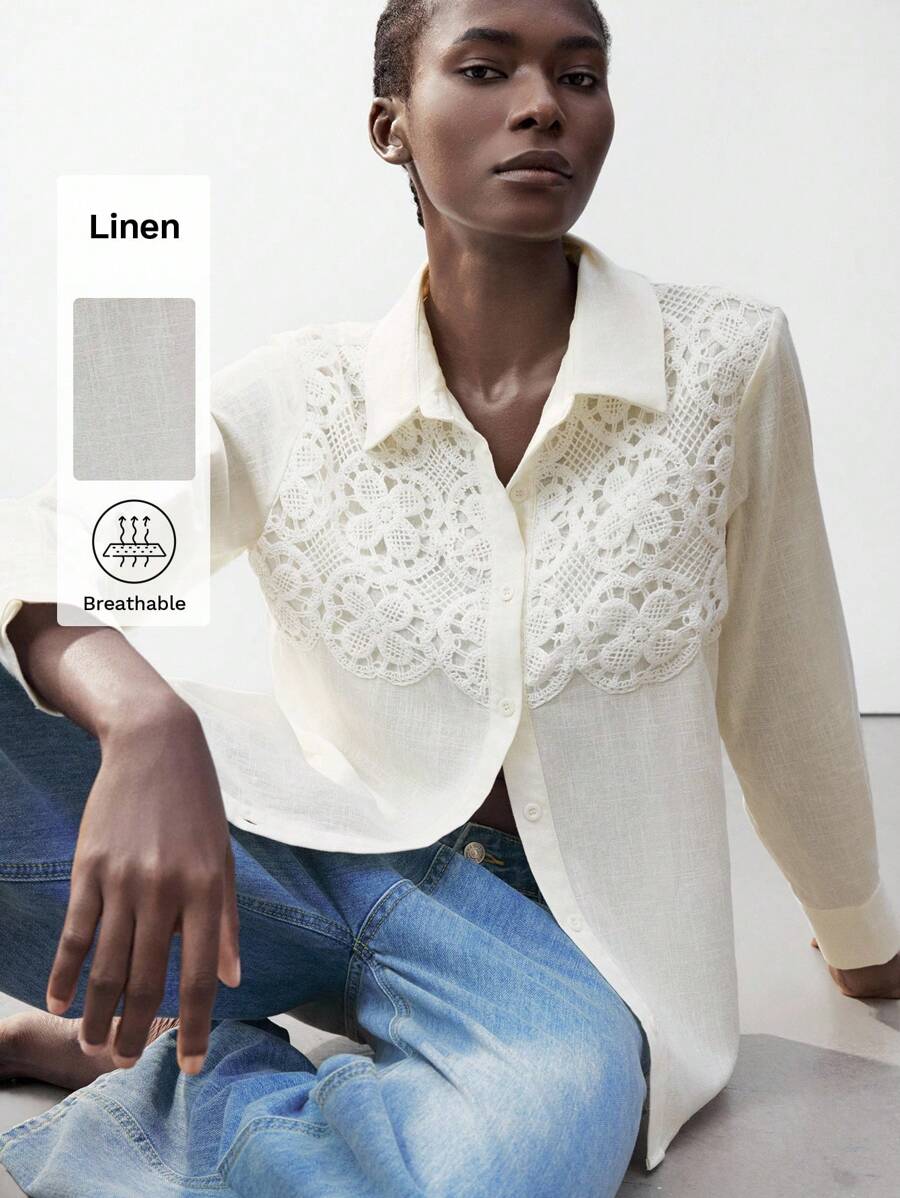 Maija Chemise décontractée à manches longues pour femmes en tissu texturé abricot avec dentelle contrastée. Convient pour le port quotidien et les vacances, s'adapte au style bohème pour les vacances de printemps