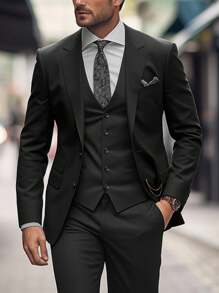 Calvornis Men's Solid Color Lapel Neck Long Sleeve Casual Suit Jacket Suits For Men Black Suit For Groom Men Black Dress Slim Fit Wedding Suits For Men, Old Money Style - Black - View 3