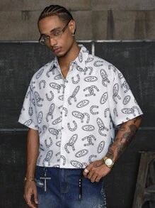 AXEPEAK 男士夏季全印花短袖单排扣休闲衬衫