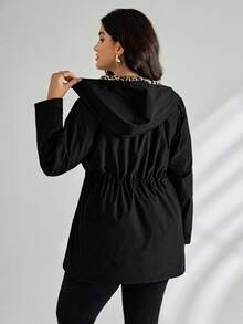SHEIN Tall CURVE Jachetă cu glugă reversibilă cu imprimeu leopard, mărime plus, pentru femei, toamnă - Negru - Vizualizare 2