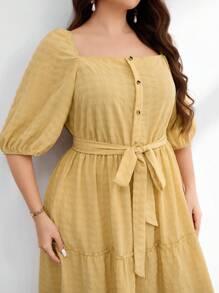 Modelyn Plus Size Women's Belted Square Neck Cake Skirt - Yellow - View 7