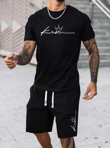 Manfinity Homme 男士休闲字母印花T恤和短裤套装，夏季