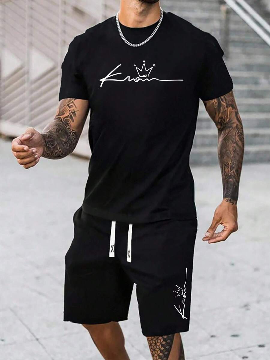 Manfinity Homme 男士休闲字母印花T恤和短裤套装，夏季