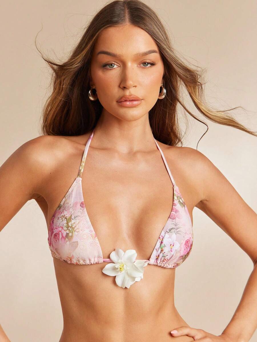 L'Amorae Áo bikini tam giác in hoa pastel mờ nhạt viền hoa cho nữ - Nhiều màu - Xem 1